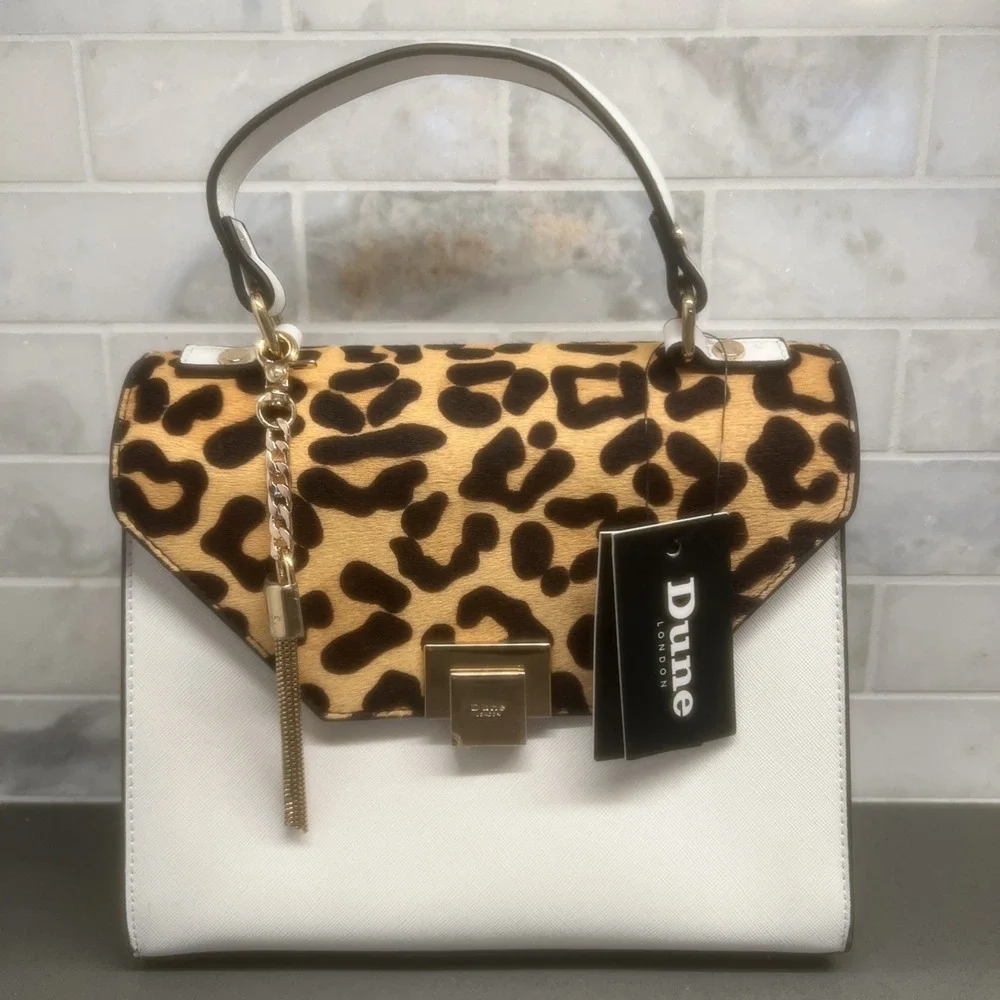 NEW-DUNE-White Leopard Women's Dune Genuine Calf Hair Leather Purse Handbag